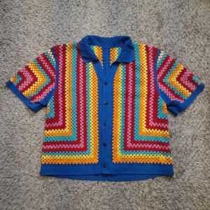 Manfinity Crochet Button Down Men Size M Multicolor Granny Square Boho Shirt